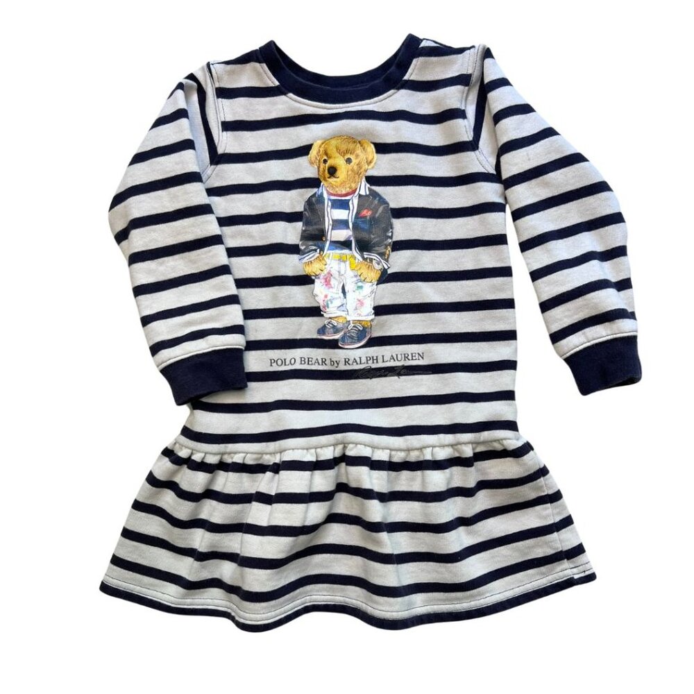 RALPH LAUREN Sweater Dress Girls Striped Nautical Polo Bear Fleece Lined Toddler
